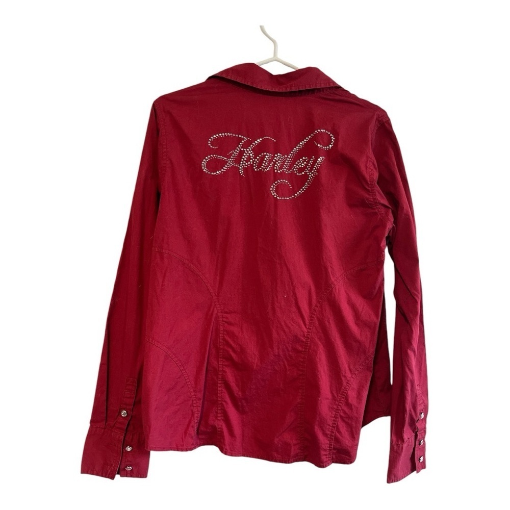 Harley-Davidson Red Rhinestone Script Back Button-Up Blouse